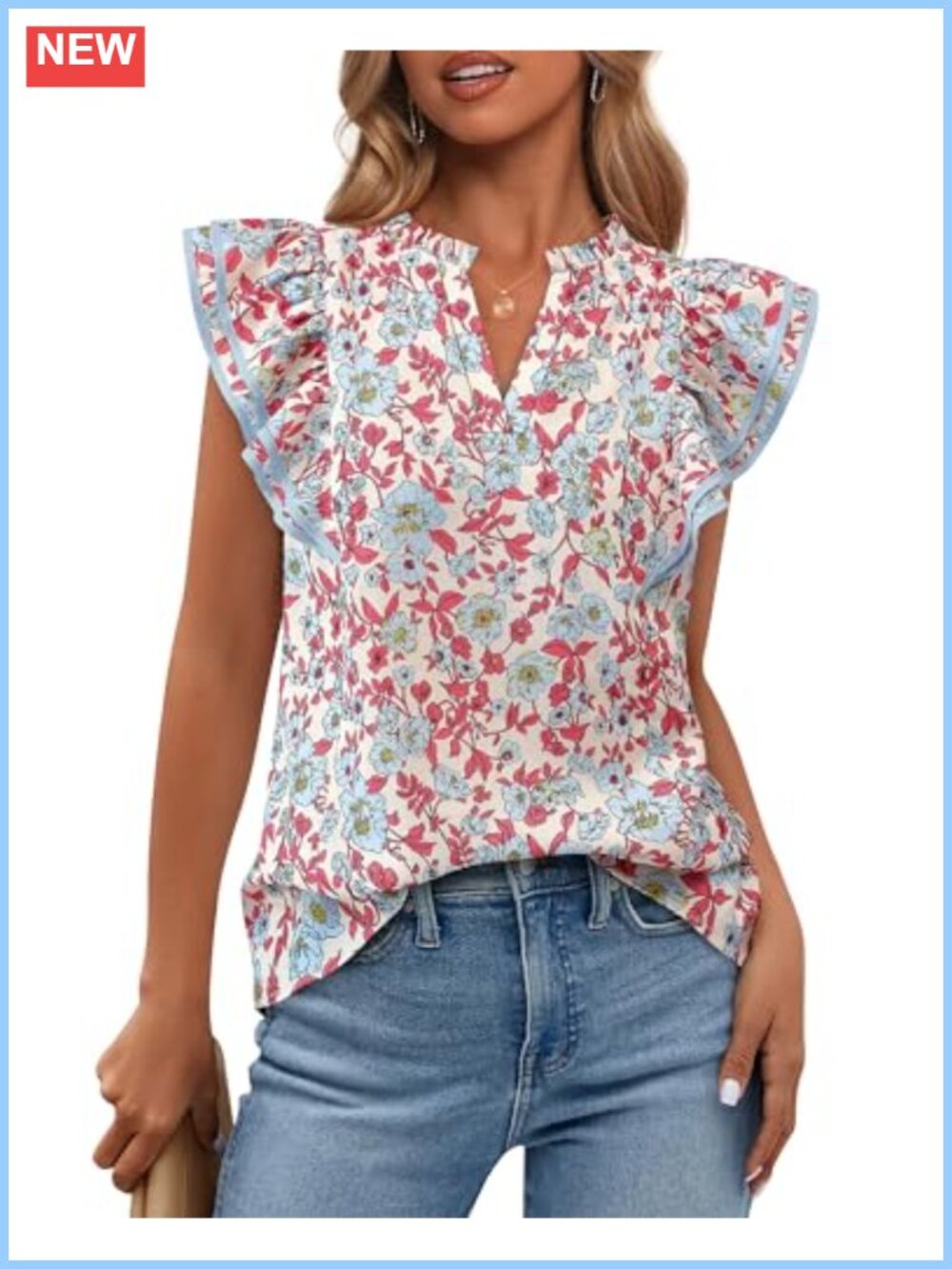 Floral V-Neck Cap Sleeve Blouse for Women